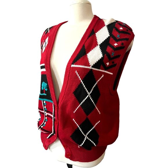Koret Vintage Cottage Core Knit Sweater Vest Red Sz Large Womens Eighties Retro - Picture 5 of 7